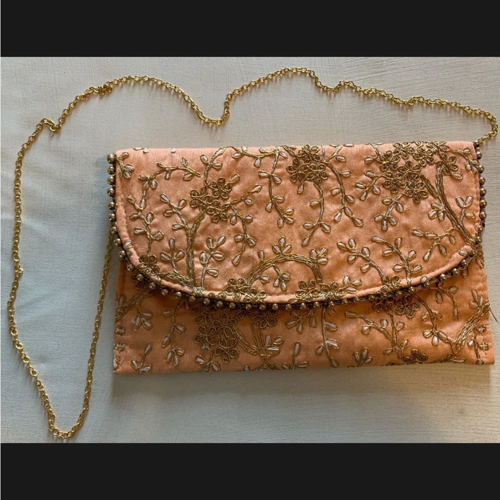 Vintage-Style Beaded Embroidered Clutch Purse Peach Gold Evening Bag Boho Y2K
